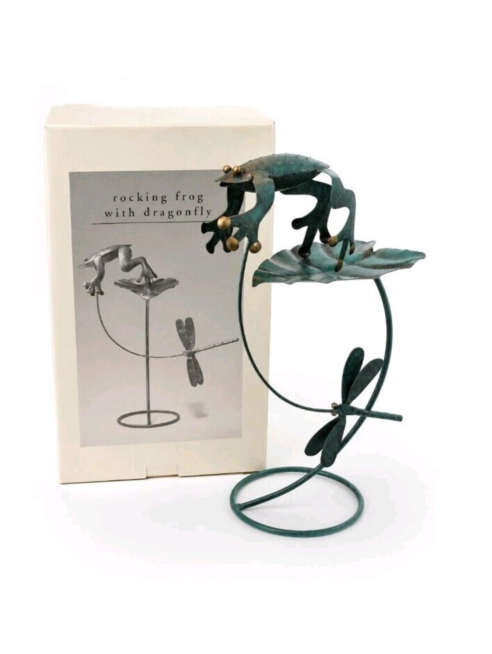 Pier 1 Imports Rocking Frog with Dragonfly Metal Kinetic Sculpture Decor w/ Box